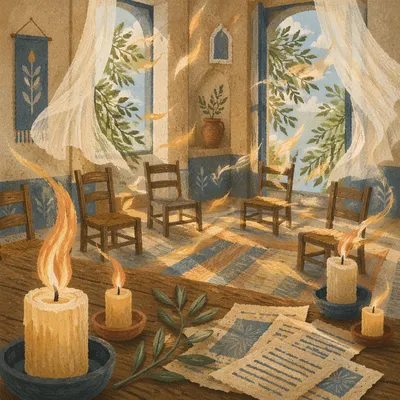 Pentecost Wind and Candle Flames in Upper Room