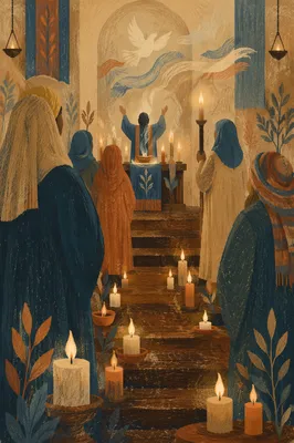 Pentecost Flames in Candlelit Sanctuary