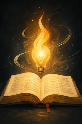 Open Book with Glowing Flame Light