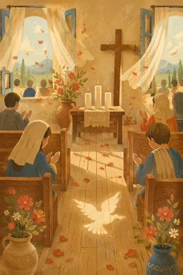 Pentecost Flames in a Breezy Wooden Chapel