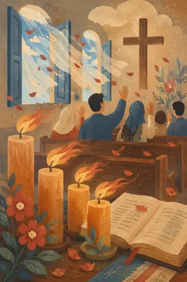 Pentecost Flames in a Windy Wooden Chapel
