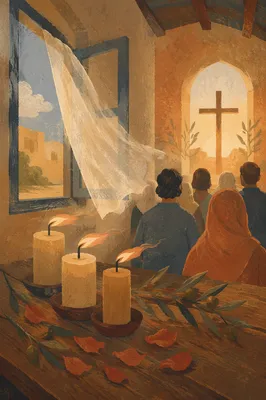 Pentecost Candles and Wind in Wooden Chapel