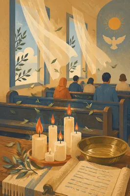 Pentecost Flames in a Rustic Chapel