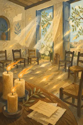 Pentecost Upper Room with Windblown Flames