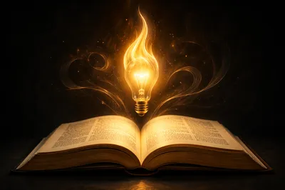 Open Book with Glowing Flame Light
