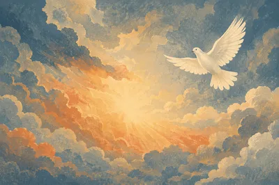 Pentecost Dove Above Golden Storm Clouds