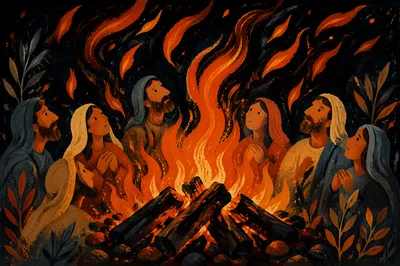 Pentecost Flames Rising Over Charred Logs