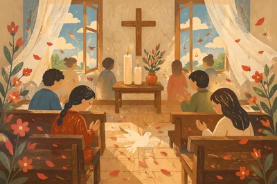 Pentecost Flames in a Breezy Wooden Chapel