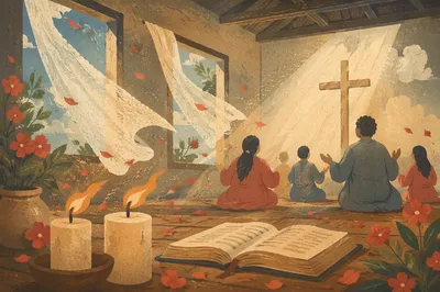 Pentecost Wind and Flames in Wooden Chapel