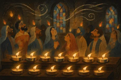 Pentecost Candle Flames in Quiet Sanctuary