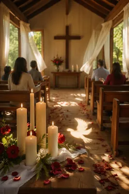 Pentecost Flames in a Sunlit Wooden Chapel