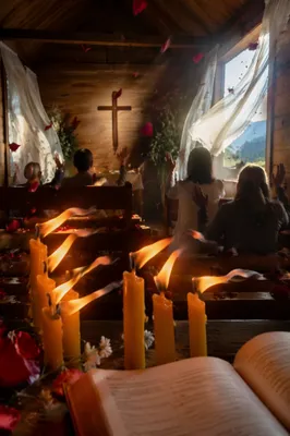 Pentecost Flames in Windy Wooden Chapel