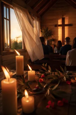 Pentecost Candles in a Wooden Chapel