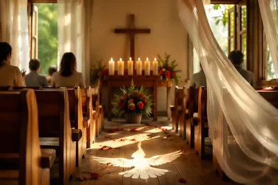 Pentecost Flames in a Sunlit Wooden Chapel