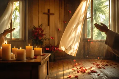 Pentecost Wind and Flames in Wooden Chapel