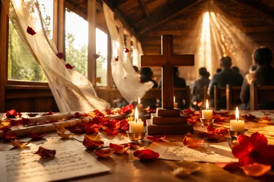Pentecost Flames in a Windlit Wooden Chapel