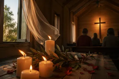 Pentecost Candles in a Wooden Chapel