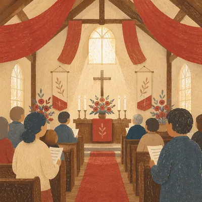 Pentecost Sunday Sanctuary with Red Banners