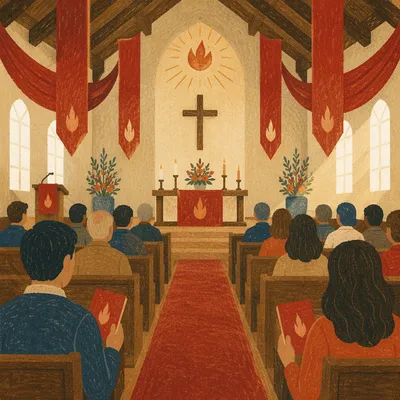 Pentecost Sunday Sanctuary with Red Banners