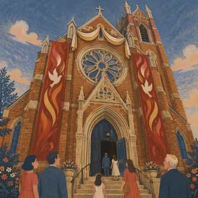 Pentecost Sunday Church with Red Banners