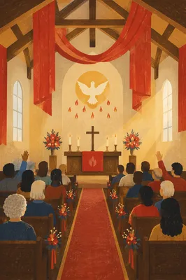 Pentecost Sunday Red Banners in Church