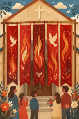 Crimson Pentecost Banners at Church Entrance