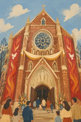 Pentecost Sunday Church with Crimson Banners