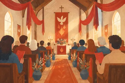 Pentecost Sunday Red Banners in Sanctuary