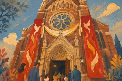 Pentecost Sunday Church Facade with Red Banners