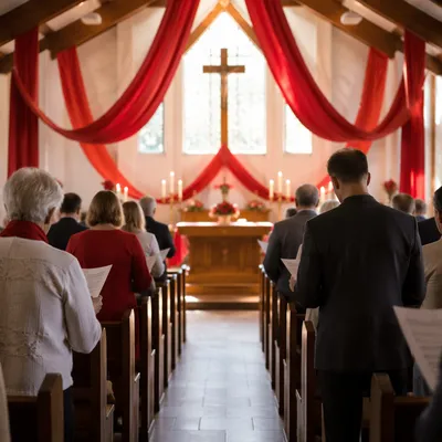 Pentecost Sunday Red Banners in Sanctuary
