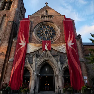 Historic Church Facade for Pentecost Celebration