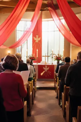 Pentecost Sunday Red Banners in Sanctuary