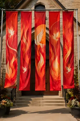 Crimson Pentecost Banners at Church Entrance