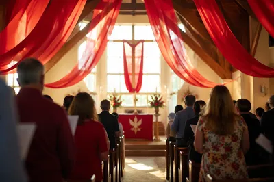 Pentecost Sunday Red Banners in Sanctuary