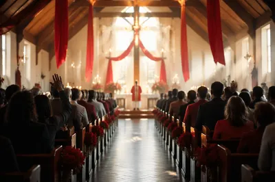 Pentecost Sunday Church with Red Banners