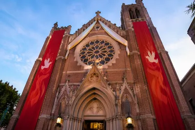 Pentecost Sunday Church With Red Banners