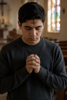 Young Man Praying with Ash Cross