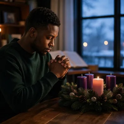 Man Praying Beside Advent Wreath Candle