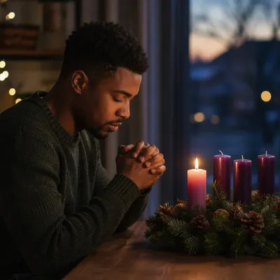 Man Praying Beside Advent Wreath