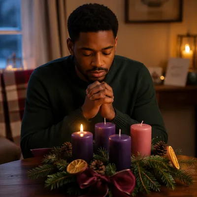 Young Man Praying Beside Advent Wreath