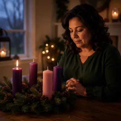 Woman Praying Beside Advent Wreath Candle