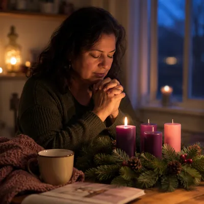 Woman Praying Beside Advent Wreath Candle