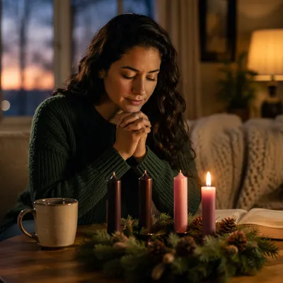 Woman Praying Beside Advent Wreath Candle