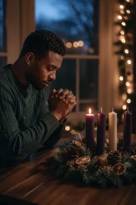 Man Praying Beside Advent Wreath Candle