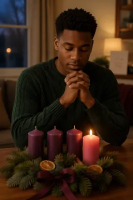 Man Praying Beside Advent Wreath Candle