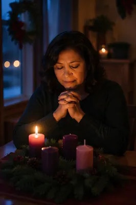 Woman Praying Beside Advent Wreath Candle