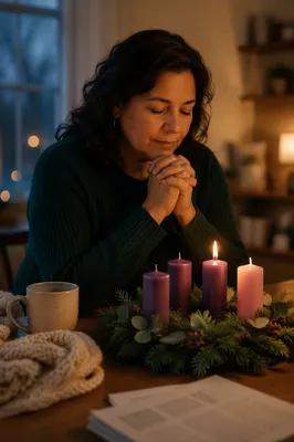 Woman Praying Beside Advent Wreath Candle