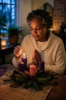 Woman Lighting Advent Wreath Candle Indoors