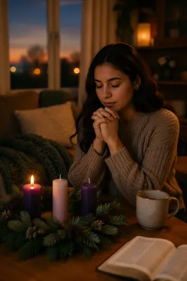 Woman Praying Beside Advent Wreath Candle