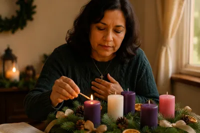 Woman Lighting Advent Wreath Candle
